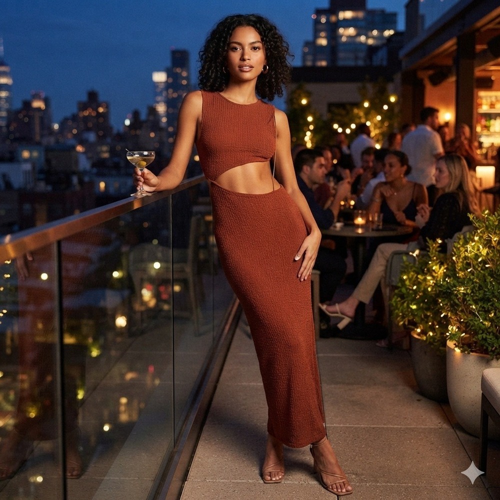 Zara Textured Knit Cut-Out Maxi Dress Sleeveless Bodycon Rust Orange Small